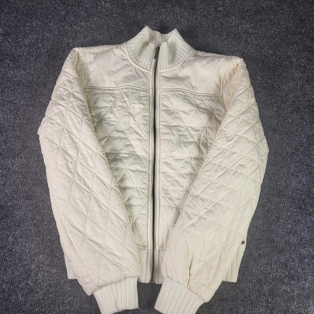 Prana Womens Quilted Full Zip Bomber Jacket Cream Off White Ribbed Trim XS